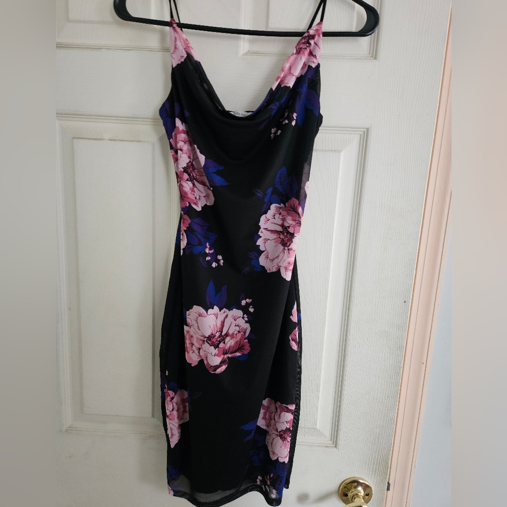 Floral Cowl Neck Black Dress XS